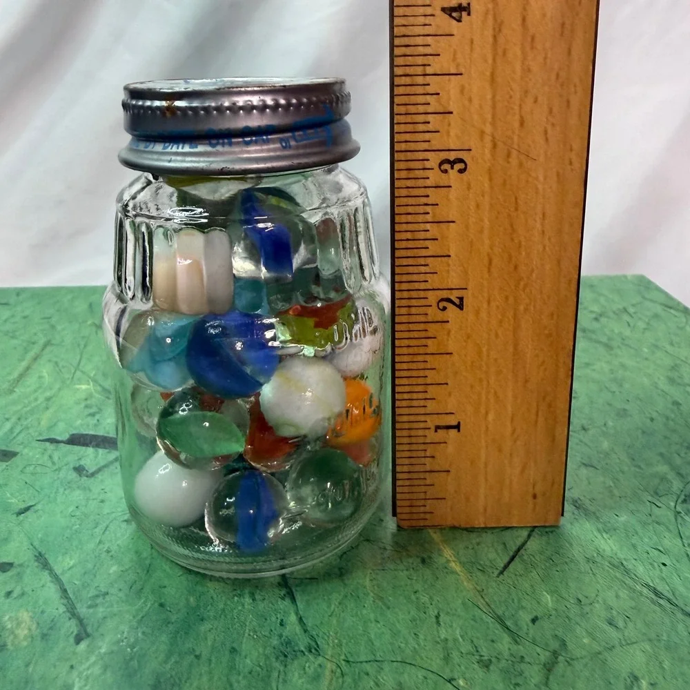 Vintage Assorted Glass Marbles in 1980 Gerber Baby Food Jar Retro Collection Lot